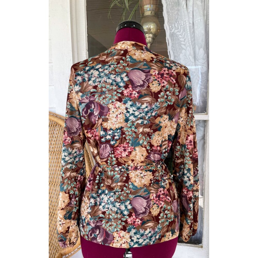 Vintage 1970s Floral Womens Belted Blouse Disco Size M - Picture 10 of 15
